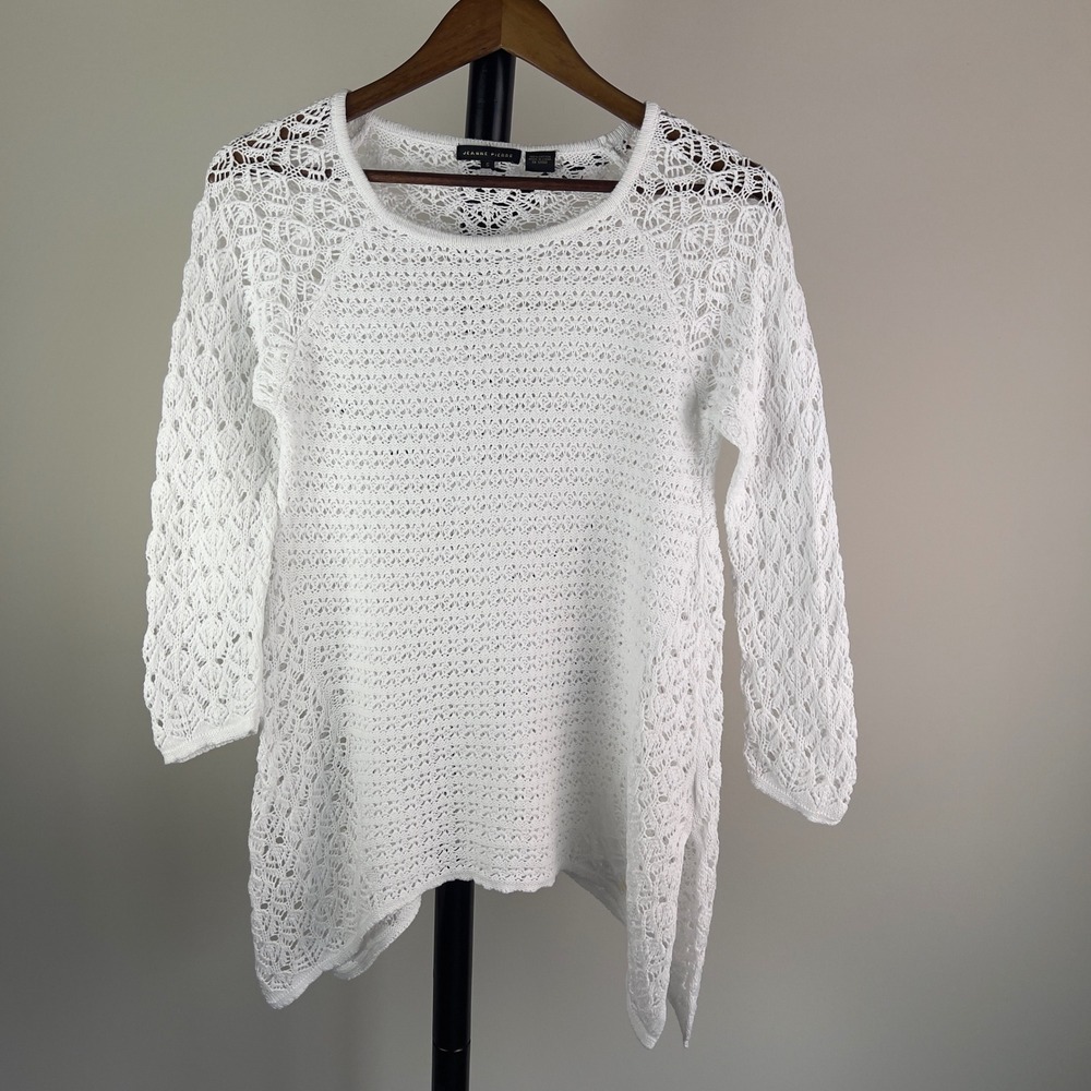Jeanne‎ Pierre Womens White 100% Cotton Open Knit Sharkbite Hem Sweater Small